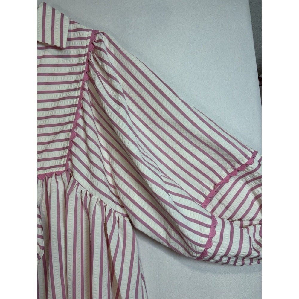 Entro Striped Seersucker Balloon Sleeve Blouse Pink White Scalloped Trim M - Picture 10 of 10
